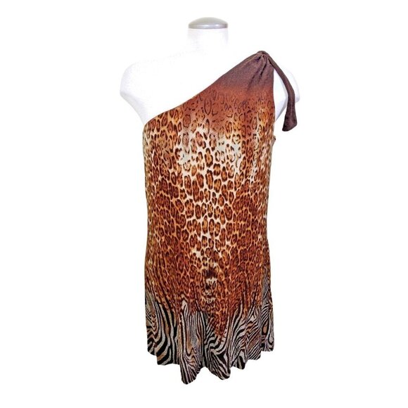 Bianca Nygard NEW One Shoulder Mini Dress Size 14 Leopard Print Brown Party Date - Picture 1 of 8